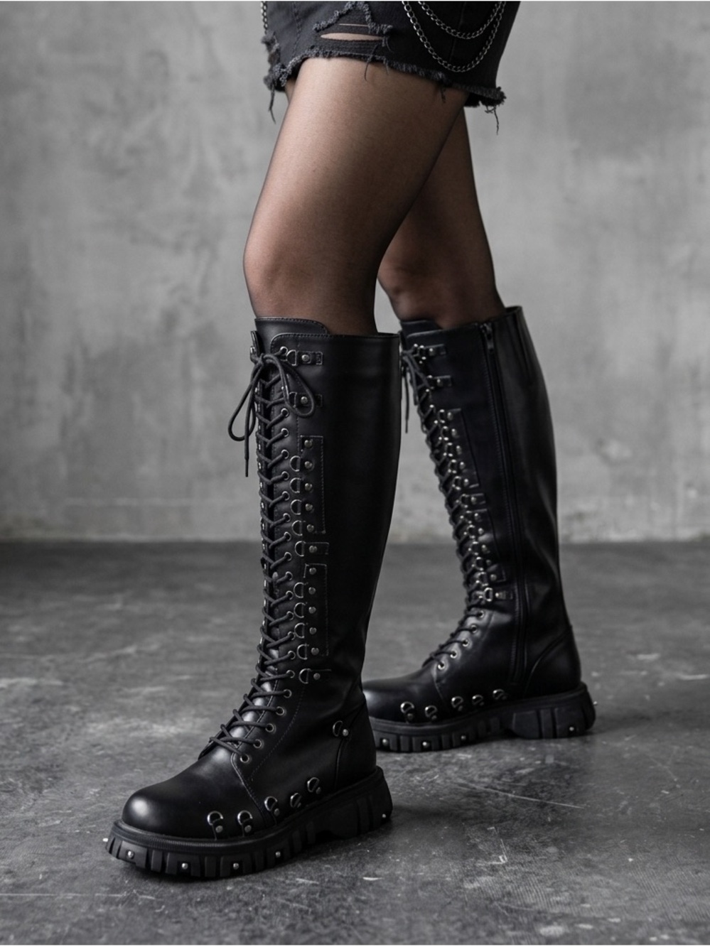 VTG T.U.K. Women’s Knee High Combat Boots 9 Black Leather Lace Up Gothic Punk